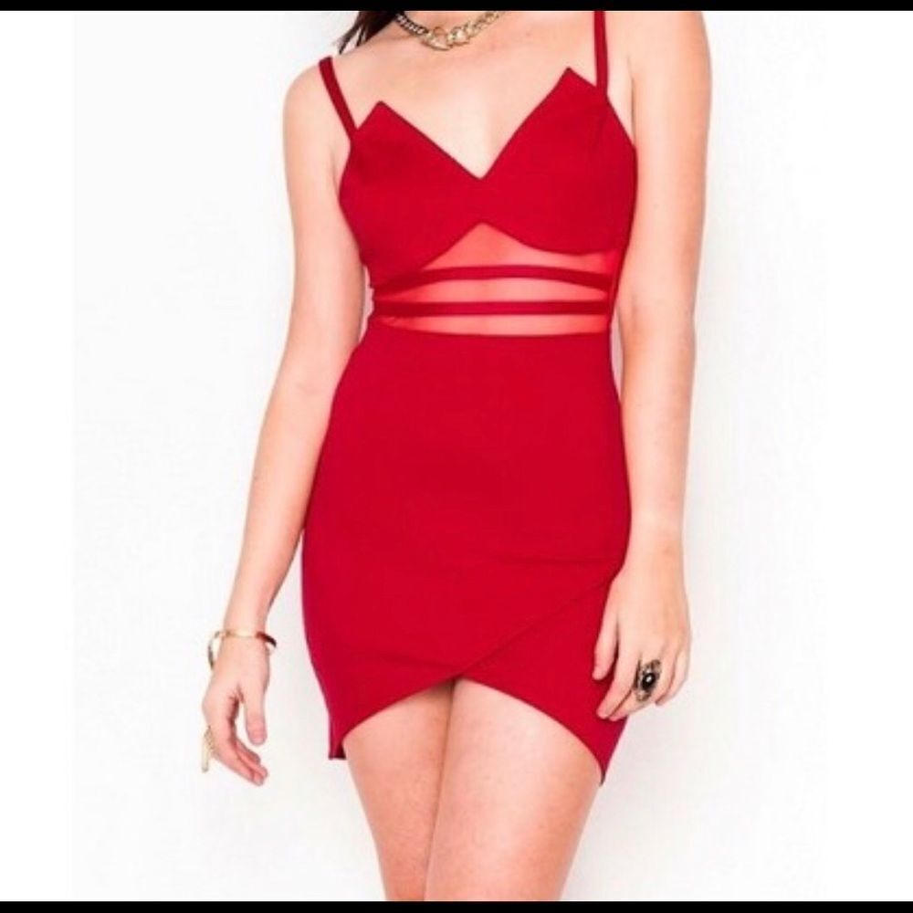 New! Solemio red sheer bodycon mini dress S